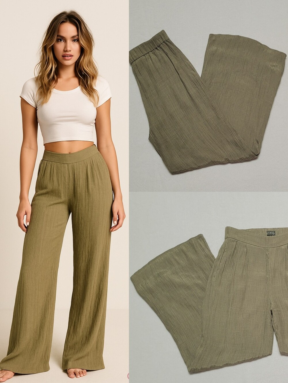 Wonderly Khaki Green Cheesecloth Fabric High Waisted Wide Leg Palazzo Pants M